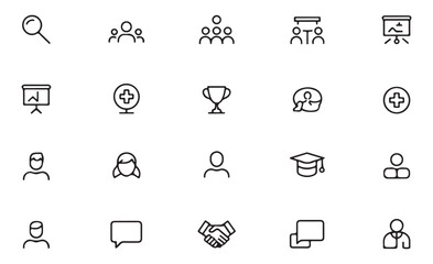 Minimalist line icon set for academic education and professional career development with magnifying