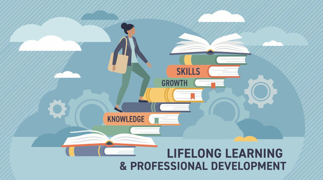 Female professional climbs stairs of labeled books representing continuous career development, concept for e-learning courses, training programs and education seminars