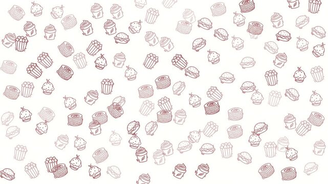 Food doodle pattern of cupcakes, popcorn, burgers, and pancakes makes a whimsically delicious background for kitchen products or party decor.