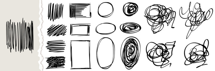 Messy pen scribble pack. Black pencil doodles, lines, childish frames, random tangle circles. Set of freehand icons for designs. Isolated vector illustration on white background