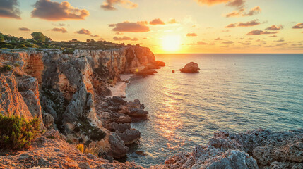 Sunset coastline cliff ocean Portugal seascape with golden light over rugged rock