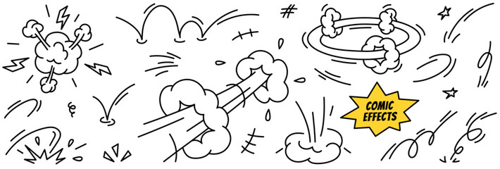 Doodle superhero effects. Comic elements of speed, action lines, fight, impact effects, emotional and explosion symbols. Hand drawn icon set. Vector illustration isolated on a white background.