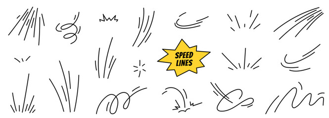 Doodle superhero effects. Comic symbols of speed lines, flight, speed, jump, impact effects, explosion elements. Hand drawn icon set in cartoon style. Vector illustration isolated on a white backgroun
