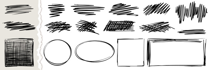 Messy pen scribble icons. Black doodles, pencil lines, childish frames, random scratched elements. Set of freehand elements for designs. Isolated vector illustration on white background