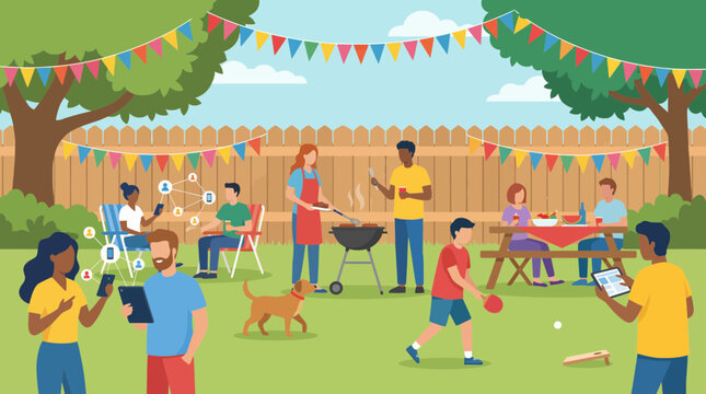 Diverse friends enjoying a summer backyard BBQ party while networking on smartphones and tablets, concept for outdoor event graphics, social media engagement and modern connection lifestyle