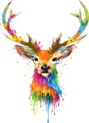 Farbenfroher Hirschkopf mit majest&auml;tischem Geweih in lebendigem Graffiti- und Aquarellstil mit flie&szlig;enden Regenbogenfarben