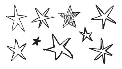 Hand drawn doodle stars collection in black ink sketch style for celestial night sky decoration