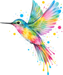 Farbenfroher Kolibri im Flug in lebendigem Aquarell- und Graffiti-Stil mit flie&szlig;enden Regenbogenfarben