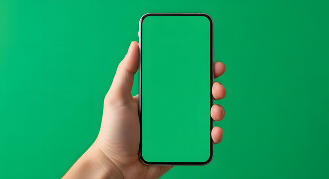 Hand holding smartphone with blank green screen against green background