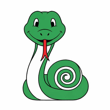 Cute Green Cartoon Snake with Red Tongue and Coiled Tail.
