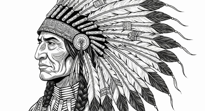 Native American Chief Wearing Feather Headdress Profile.