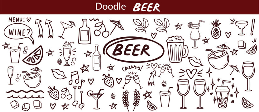 bar menu elements doodle hand drawn icon set alcoholic-bottles glasses outline drawing alcohol cockt