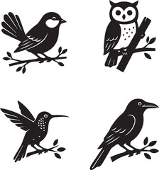 Charming Bird Silhouette Set Minimalist Black and White Vector Illustrations of an Owl, Hummingbird, Songbird, and Crow Perched on Branches