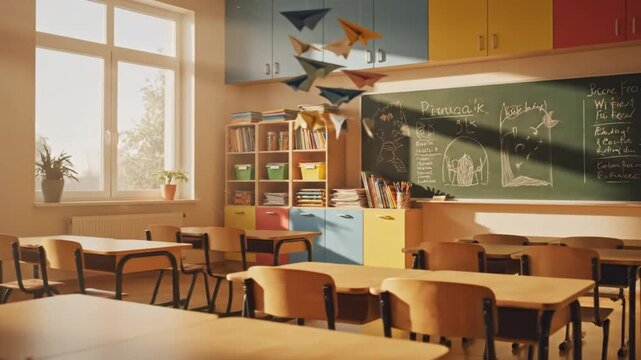 A video showcasing a serene and peaceful classroom setting with a large window and a potted plant in the foreground