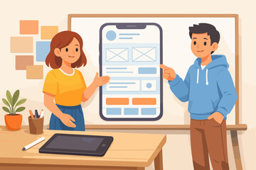 Young caucasian team presenting mobile app design in office setting