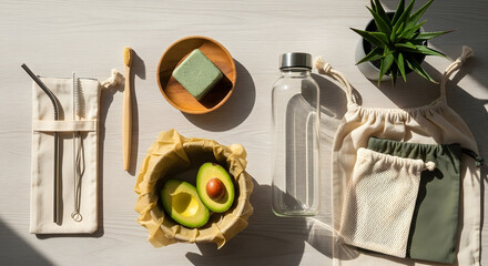 Eco-friendly essentials and sustainable lifestyle products displayed neatly on a surface, including reusable items and fresh produce.