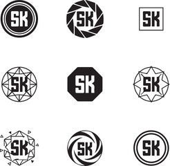 SK Monogram Logo Set Collection of Minimalist Black and White Geometric Emblems Featuring "SK" Initials in Various Circular and Polygonal Borders