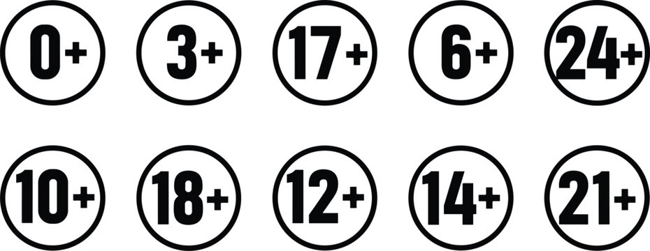 Age rating icon set with 0 plus 3 plus 6 plus 12 plus 18 plus and restriction symbols in vector style