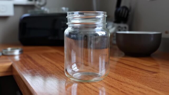 Empty glass jar on a wooden table