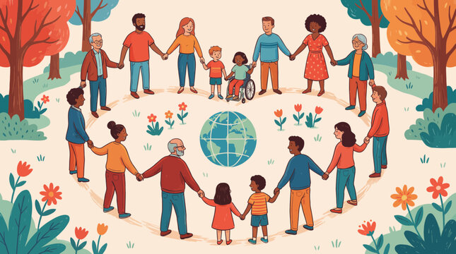 Diverse multi-generational people holding hands in a circle around the world globe in a colorful nature park setting, concept for global unity, social inclusion and environmental awareness promotion