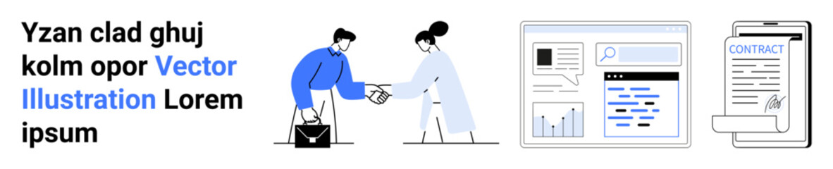 Fototapeta premium Business collaboration, workflow automation, data analysis, digital processes, online agreements, remote work. Professionals shaking hands, analytics dashboard and contract document. Business