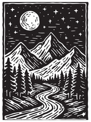 Serene night landscape with mountains and stars