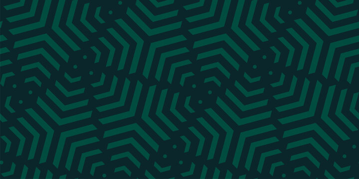 Vector geometric seamless pattern with lines, stripes, triangles, arrows, diagonal grid, lattice, net. Subtle dark green abstract background. Quirky minimal ornament. Trending repeated geo design