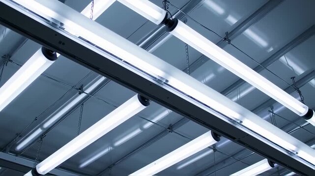 Fluorescent lights mounted on a ceiling grid