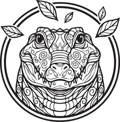 Mystical Ornamental Crocodile Emblem Intricate Black and White Circular Illustration of a Detailed Alligator with Decorative Swirls and Leaf Accents