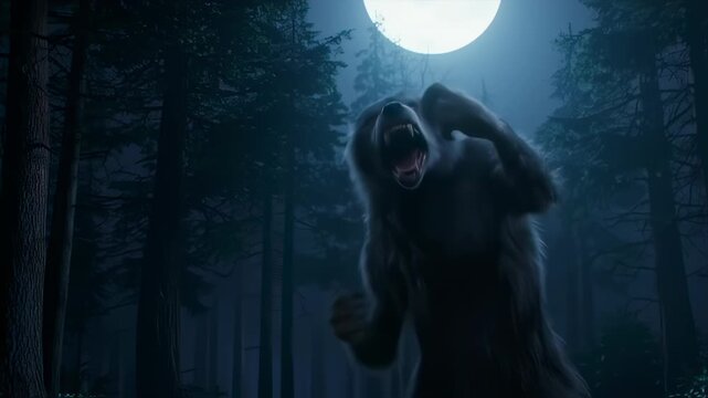 Howling werewolf in a misty forest at night under a full moon