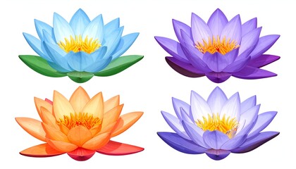 Four lotus flowers in blue, purple, orange, and lavender, showcasing delicate petals and golden centers on white backdrop