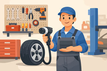 Fototapeta premium Young male caucasian mechanic holding electric car charger in workshop