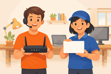 Fototapeta premium Smiling young adult caucasian male and female with router and blank sign in home office