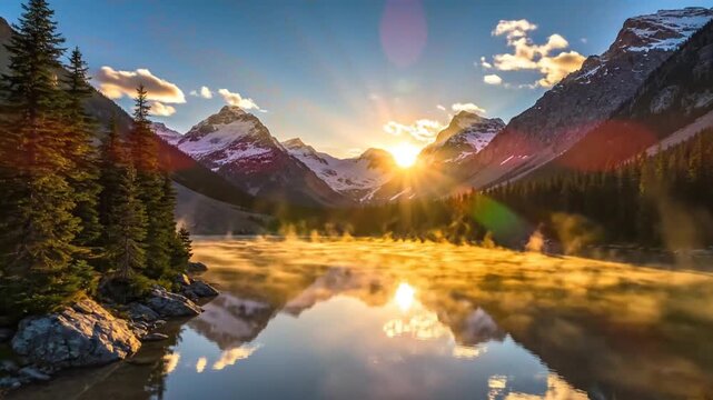 Majestic mountain range landscape at sunrise with lake reflection and sunlight