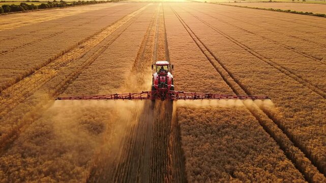 Aerial drone view of a red tractor spraying a golden wheat field at sunset, agricultural farming