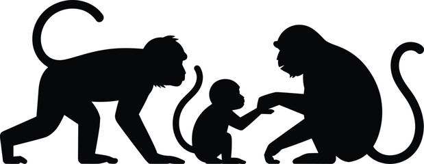 Silhouette of monkey family with baby showing wildlife parenting bond nature animal behavior forest ecology protection care love social learning © Sihab Creatives