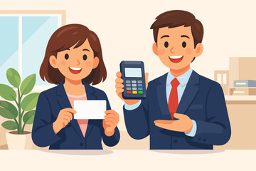 Asian business professionals demonstrating payment technology in office setting