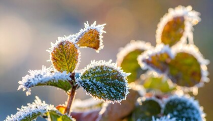 Obraz premium Frosted leaves shimmer with ice crystals, lit by backlighting creating soft, warm bokeh