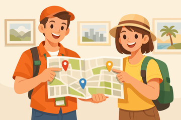 Fototapeta premium Young caucasian adults exploring map for travel adventure
