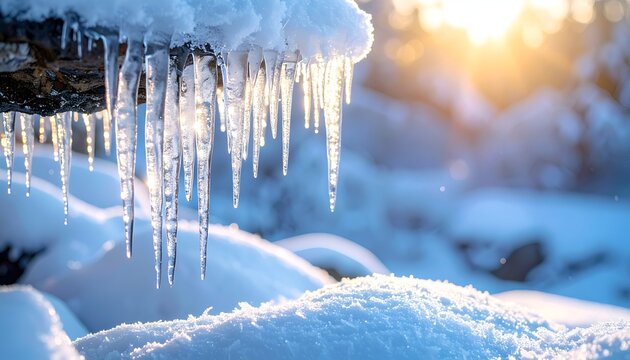 Frozen icicles hang from snowy rock, bathed in warm sunlight, creating winter scene with snow-covered landscape behind