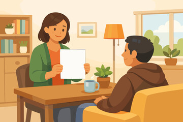 Fototapeta premium Young female caucasian therapist meeting with male client in cozy office interior