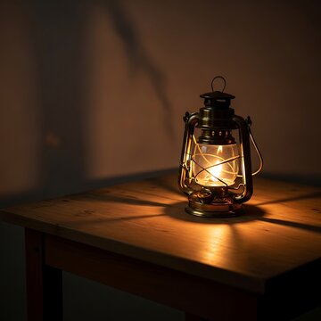 An antique kerosene lantern with a glass flame globe and weathered metal frame sits on a rustic table alongside a vintage book, providing a warm decorative light in a dark retro setting