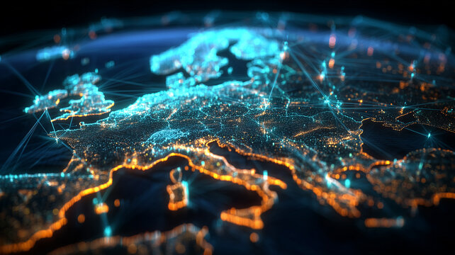 Digital map of Europe with connected nodes representing crossborder communication and data networks.
