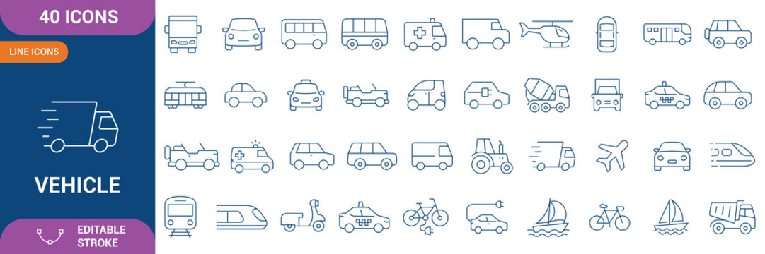 Vehicle icon set. car, bike, plane, train, bicycle, bus, scooter and motorbike symbols for transportation, travel, traffic. Editable stock line.