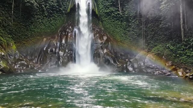 Majestic waterfall cascading into a pool with rainbow effect in nature