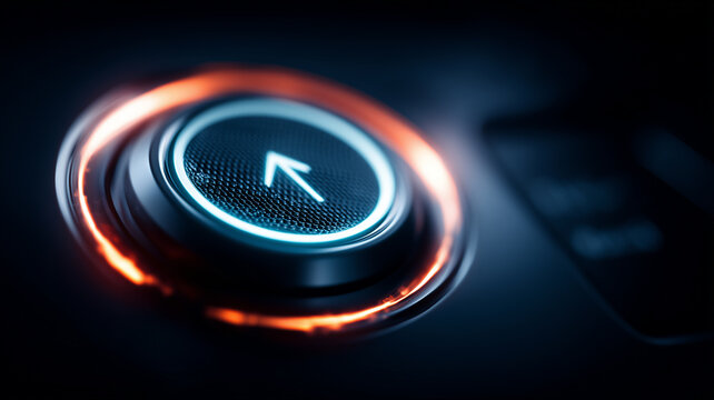 Activated arrow button on control interface symbolizing growth, upgrade and forward progress.
