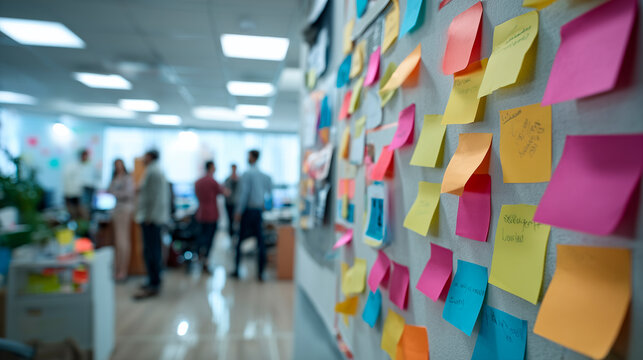 Agile Team Planning Project with Sticky Notes on Whiteboard