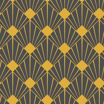 Art Deco inspired geometric pattern in gold and black, featuring repeating diamond shapes and radiating lines.