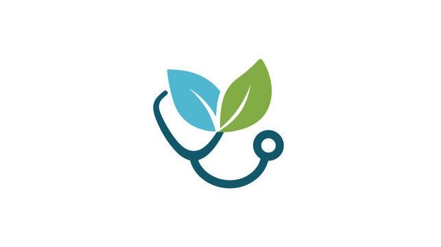 Holistic Health Stethoscope Icon with Natural Green and Blue Leaves. Organic Medicine, Wellness, and Herbal Care Concept.