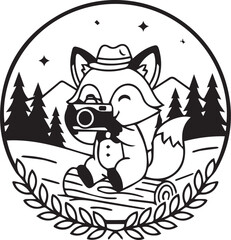 Adventurous Fox Photographer Whimsical Black and White Circular Emblem of a Cute Fox Character Taking Photos in a Forest Setting